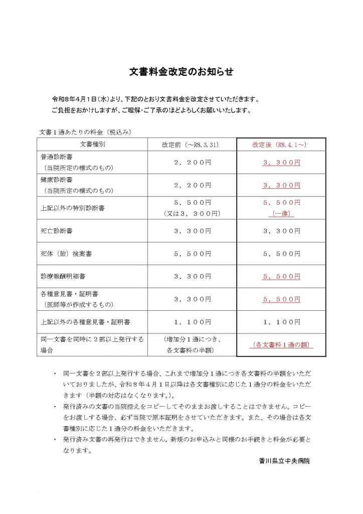 文書料金改定４月１日